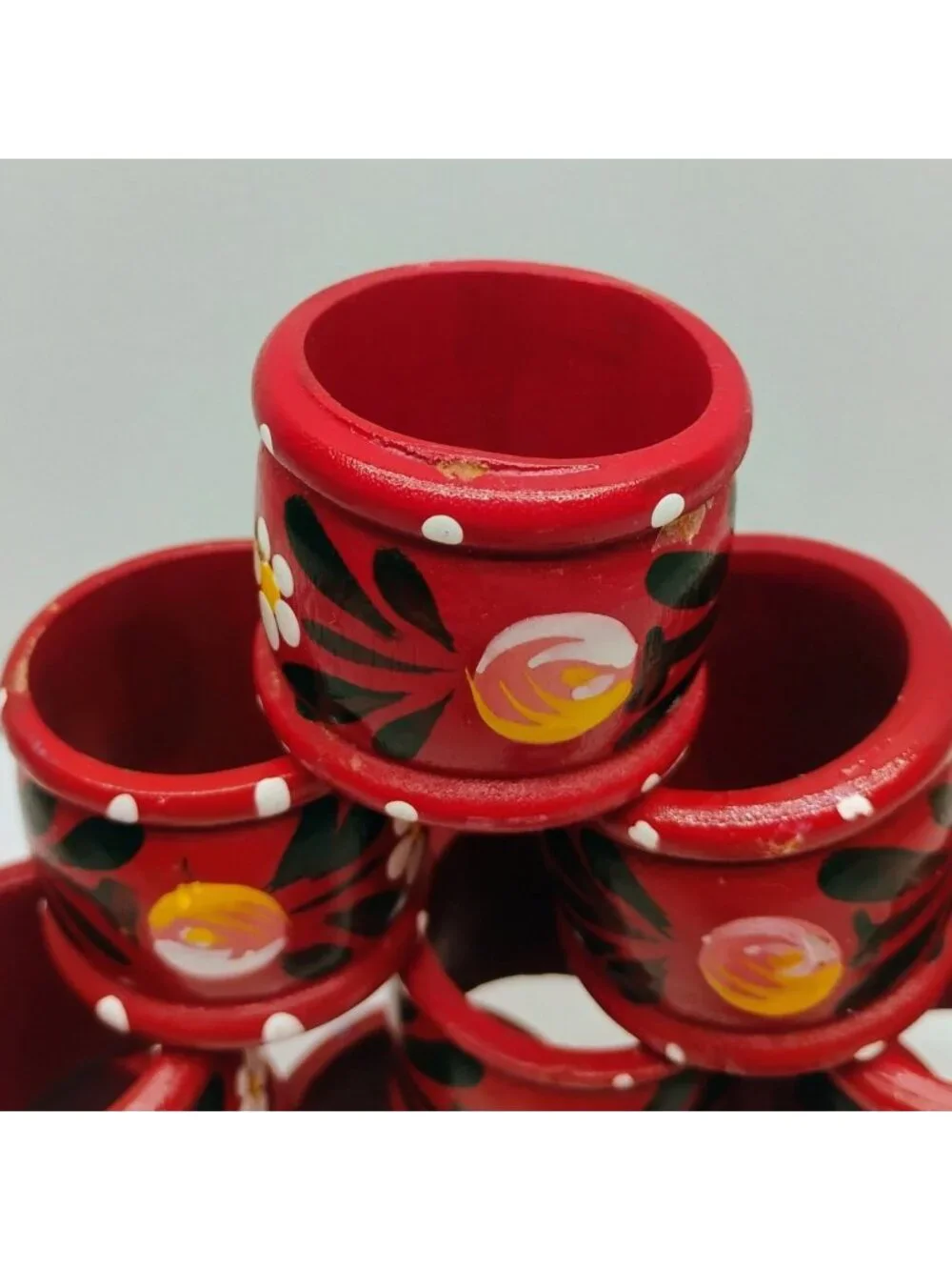 Vtg Scandinavian Hand Painted Floral Wood Lacquerware Napkin Rings Red Set of 10